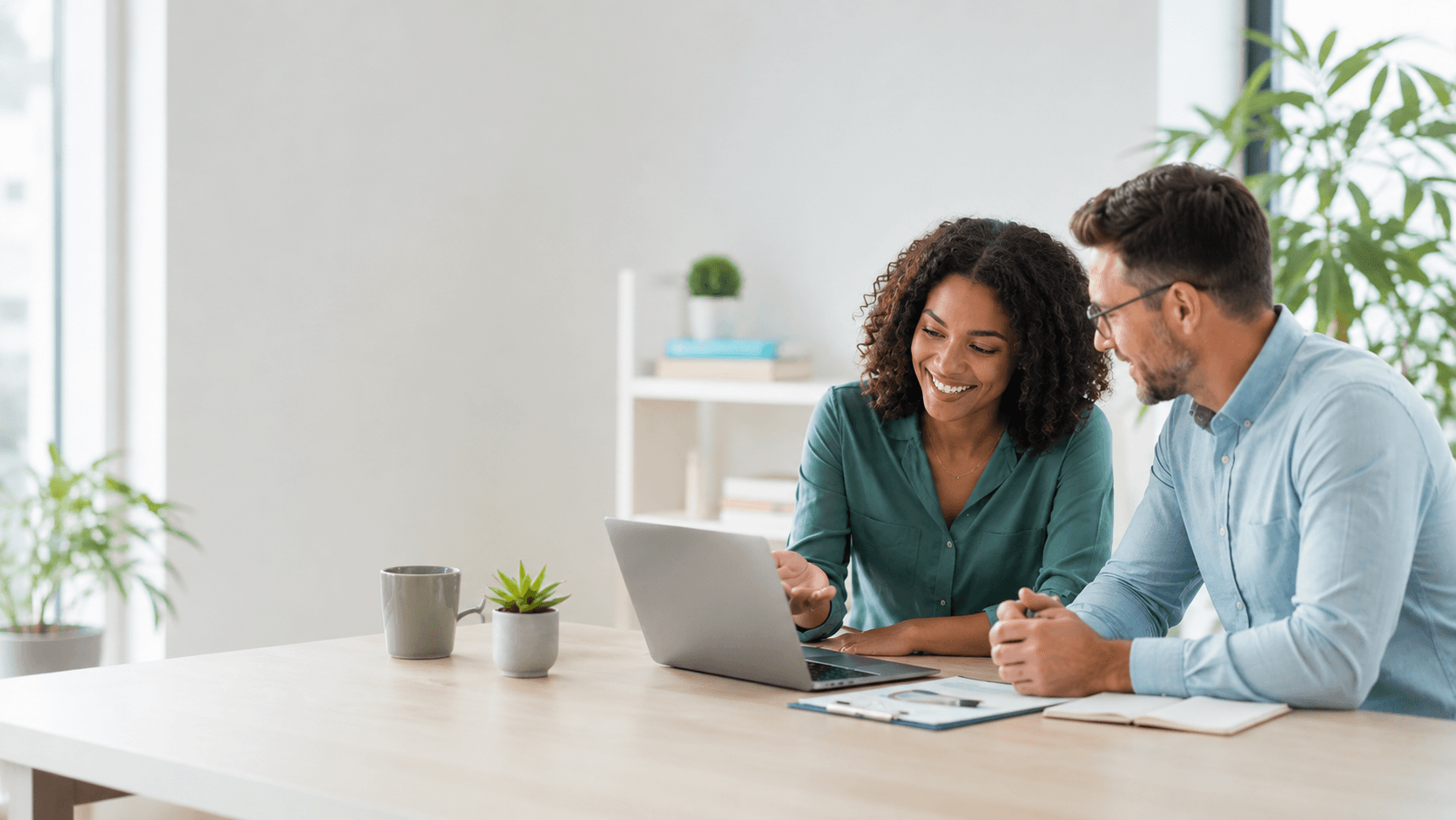 A financial coach reviewing finances with a client at a laptop